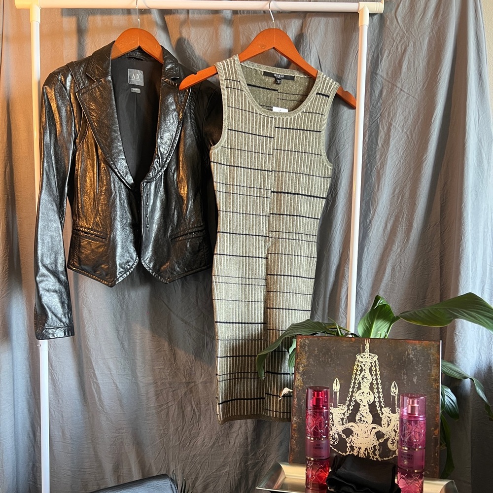 Guess Ribbed Bandage Vneck dress (new) with Armani Leather jacket
Sold as set
